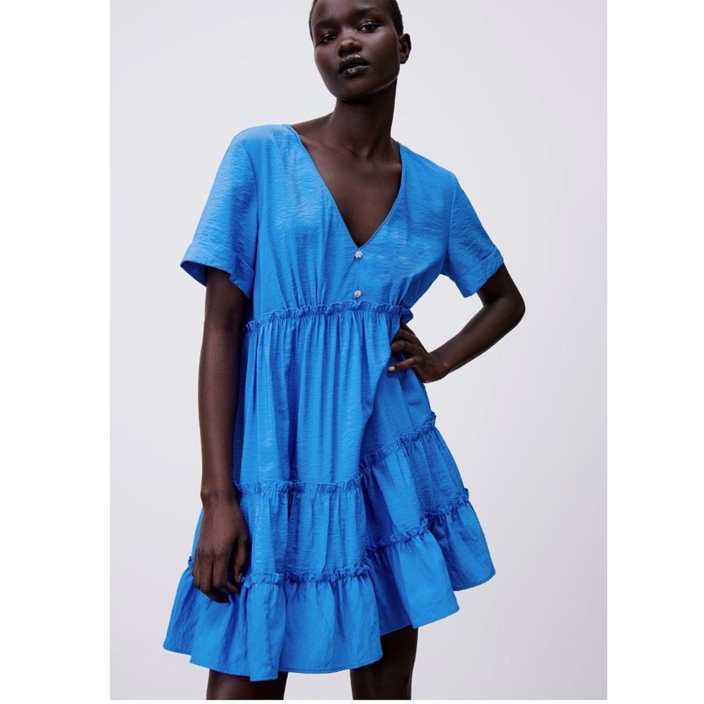 Zara Blue V neck Gem stone buttons Mini Dress